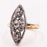 Anello a navette antico in oro giallo 14K e argento con diamanti di taglio rosetta (0.30ctw ca.), primi del ‘900