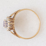 Anello a margherita vintage in oro giallo e bianco 9K con ametista (0.25ct ca.) e diamanti (0.14ctw ca.), anno 1991