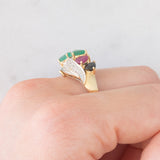 Anello vintage in oro giallo 14K con rubini, smeraldi, zaffiri e diamanti, anni ‘60/‘70