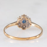 Anello a margherita vintage in oro giallo 9K con zaffiro (0.20ct ca.) e diamanti (0.03ctw ca.), anno 1985