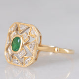 Anello vintage in oro giallo 18K con smeraldo (0.13ct ca.) e diamanti, anni ‘70/‘80