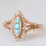 Anello a navette antico in oro giallo 14K con turchesi e perline, primi del ‘900