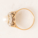 Anello a margherita antico in oro giallo 14K e argento con perla bianca e diamanti di taglio rosetta (0.24ctw ca.), anni ‘10