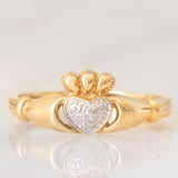 Anello Claddagh vintage in oro giallo e bianco 9K con diamante