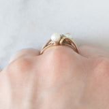 Trilogy vintage in oro giallo 9K con perle bianche e diamante di taglio huit-huit, anni ‘50/‘60