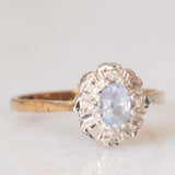 Anello a margherita vintage in oro giallo e bianco 9K con zaffiro e diamanti, anno 1992
