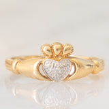 Anello Claddagh vintage in oro giallo e bianco 9K con diamante
