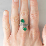 Anello contrarier vintage in stile antico in oro giallo 18K e argento con smeraldi (1.20ctw ca.) e diamanti di taglio rosetta (0.24ctw ca.), anni ‘60