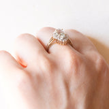 Anello a margherita vintage in oro giallo e bianco 9K con quarzo verde e diamanti, anni ‘70/‘80