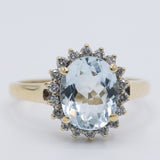 Anello a margherita vintage in oro giallo 9K con acquamarina (2ct ca.) e diamanti (0.18ctw ca.), anni 2000