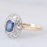 Anello a margherita antico in oro giallo 18K e argento con zaffiro e diamanti di taglio rosetta, anni ‘10/‘20