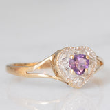 Anello vintage in oro giallo e bianco 9K con ametista di taglio a cuore (0.22ct ca.) e diamante, anni ‘90