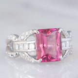 Anello da cocktail vintage in platino con tormalina rosa (3.25ct) e diamanti (0.77ctw), anni ‘70/‘80
