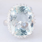 Anello a margherita vintage in platino con acquamarina (17.93ct) e diamanti (1ctw), anni ‘70/‘80