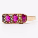 Anello vintage in stile antico in oro giallo 14K con rubini sintetici, granato e perline bianche