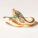 Anello a serpente vintage in oro giallo 18K con smeraldi e diamante di taglio brillante (0.02ct ca.), anni ‘70