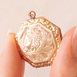 Ciondolo portafoto ottagonale vintage con lamina in oro giallo 9K su metallo, anni ‘40/‘50