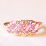 Veretta vintage in oro giallo e bianco 14K con zaffiri rosa sintetici (1.40ctw ca.) e diamanti (0.03ctw ca.), anni ‘70/‘80