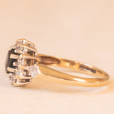 Anello a margherita vintage in oro giallo 9K con zaffiro (0.35ct ca.) e diamanti (0.14ctw ca.), anni ‘70/‘80