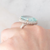 Anello a margherita vintage in platino con acquamarina (17.93ct) e diamanti (1ctw), anni ‘70/‘80