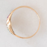Anello contrarier antico a doppio serpente in oro giallo 14K con smeraldi, rubini e diamanti di taglio vecchio (0.16ctw ca.), anni ‘20