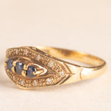 Anello vintage in oro giallo 9K con zaffiri (0.15ctw ca.) e diamanti (0.12ctw ca.), anni ‘80