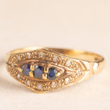 Anello vintage in oro giallo 9K con zaffiri (0.15ctw ca.) e diamanti (0.12ctw ca.), anni ‘80