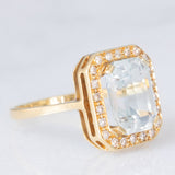 Anello a margherita vintage in oro giallo 14K con acquamarina (3.30ct ca.) e diamanti (0.22ctw ca.), anni ‘70