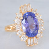 Anello ballerina vintage in oro giallo 14K con tanzanite (5.60ct ca.) e diamanti di taglio brillante e tapered (1.30ctw ca.), anni ‘70/‘80