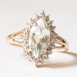 Anello a margherita vintage in oro giallo e bianco 9K con quarzo verde e diamanti, anni ‘70/‘80