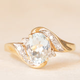 Anello vintage in oro giallo 9K con acquamarina (0.90ct ca.) e diamanti (0.12ctw ca.), anni ‘80