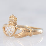 Anello Claddagh vintage in oro giallo 9K con diamanti