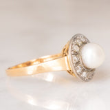 Anello a margherita antico in oro giallo 14K e argento con perla bianca e diamanti di taglio rosetta (0.24ctw ca.), anni ‘10
