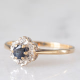 Anello a margherita vintage in oro giallo 9K con zaffiro (0.20ct ca.) e diamanti (0.03ctw ca.), anno 1985