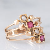 Anello “quadruplo” vintage in oro giallo 18K con paste di vetro rosse e perline bianche, anni ‘60