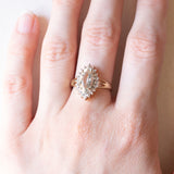 Anello a margherita vintage in oro giallo e bianco 9K con quarzo verde e diamanti, anni ‘70/‘80