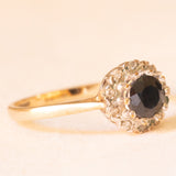 Anello a margherita vintage in oro giallo 9K con zaffiro (0.70ct ca.) e diamanti (0.05ctw ca.), anni '70