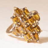 Anello vintage in oro giallo 9K con quarzi citrini (1.80ctw ca.) e diamanti, anni ‘80