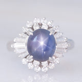 Anello ballerina vintage in platino con zaffiro stellato (4.59ct) e diamanti (0.85ctw), anni '90