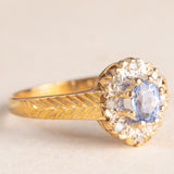 Anello a margherita vintage in oro giallo e bianco 9K con zaffiro (0.50ct ca.) e diamanti (0.08ctw ca.), anno 1991