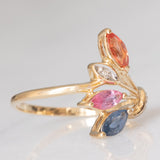 Anello a fiore vintage in oro giallo 9K con zaffiri (0.60ctw ca.) e diamanti