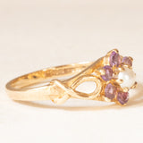 Anello vintage in oro giallo 9K con ametiste (0.30ctw ca.) e perla bianca, anno 1975