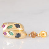 Orecchini vintage in oro giallo 14K con diamanti (0.01ctw ca.), rubini (0.15ctw ca.), smeraldi (0.10ctw ca.) e zaffiri (0.36ctw ca.), anni ‘70