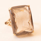 Anello vintage in oro giallo 9K con quarzo fumé inciso con testa di soldato romano, anno 1975