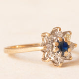 Anello a margherita vintage in oro giallo 9K con zaffiro (0.15ct ca.) e diamanti (0.08ctw ca.), anno 1979