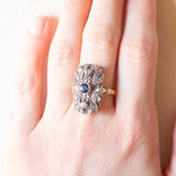 Anello vintage in stile antico in oro giallo 18K e argento con zaffiri e diamanti di taglio rosa