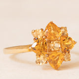 Anello a fiore vintage in oro giallo 9K con quarzi citrini(1.30ctw ca.)