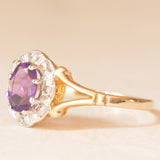 Anello a margherita vintage in oro giallo 9K con ametista (0.40ct ca.) e diamanti, anni ‘80