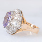 Anello a margherita vintage in stile antico in oro giallo 18K e argento con ametista (3ct ca.) e diamanti di taglio rosetta (0.70ctw ca.), anni ‘40/‘50