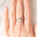 Anello a margherita antico in oro giallo 14K e argento con perla bianca e diamanti di taglio rosetta (0.24ctw ca.), anni ‘10